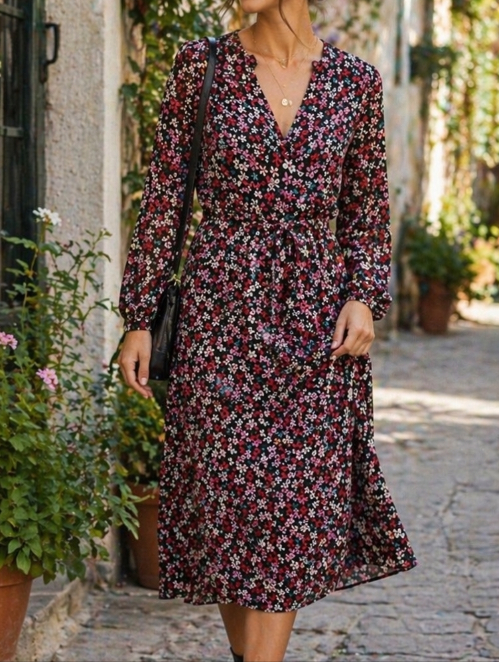 NWT Grace & Mila Black Pink Floral Maxi Dress Long Sleeve Button Front Boho